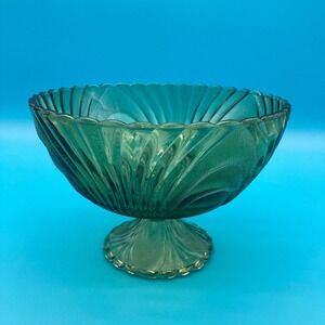 Vintage Indiana Glass Style Green Peacock Feather Pedestal Fruit Bowl Stippled